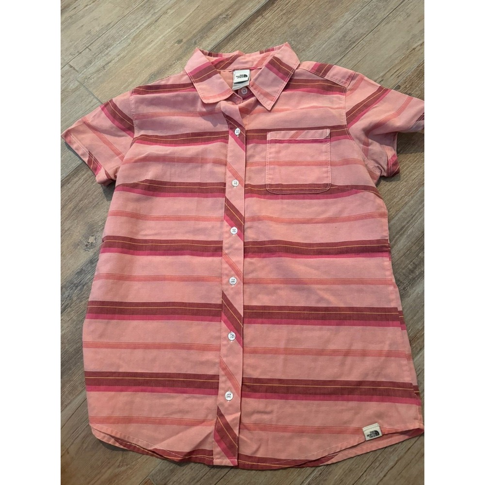 The North Face Women's M Button Up Red & Pink Stripe Shirt Short Sleeve